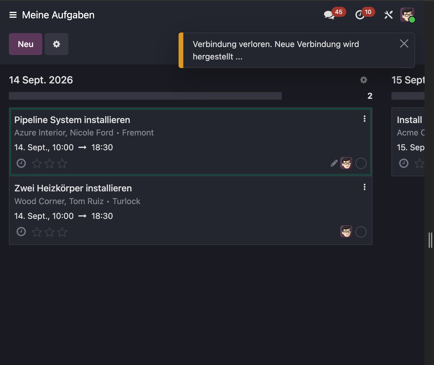 Odoo Field Service App im Offline-Modus auf dem Smartphone mit Hinweis Working Offline