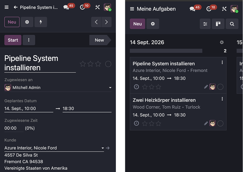 Odoo Field Service App auf dem Smartphone mit Aufgaben und Einsätzen für den Außendienst