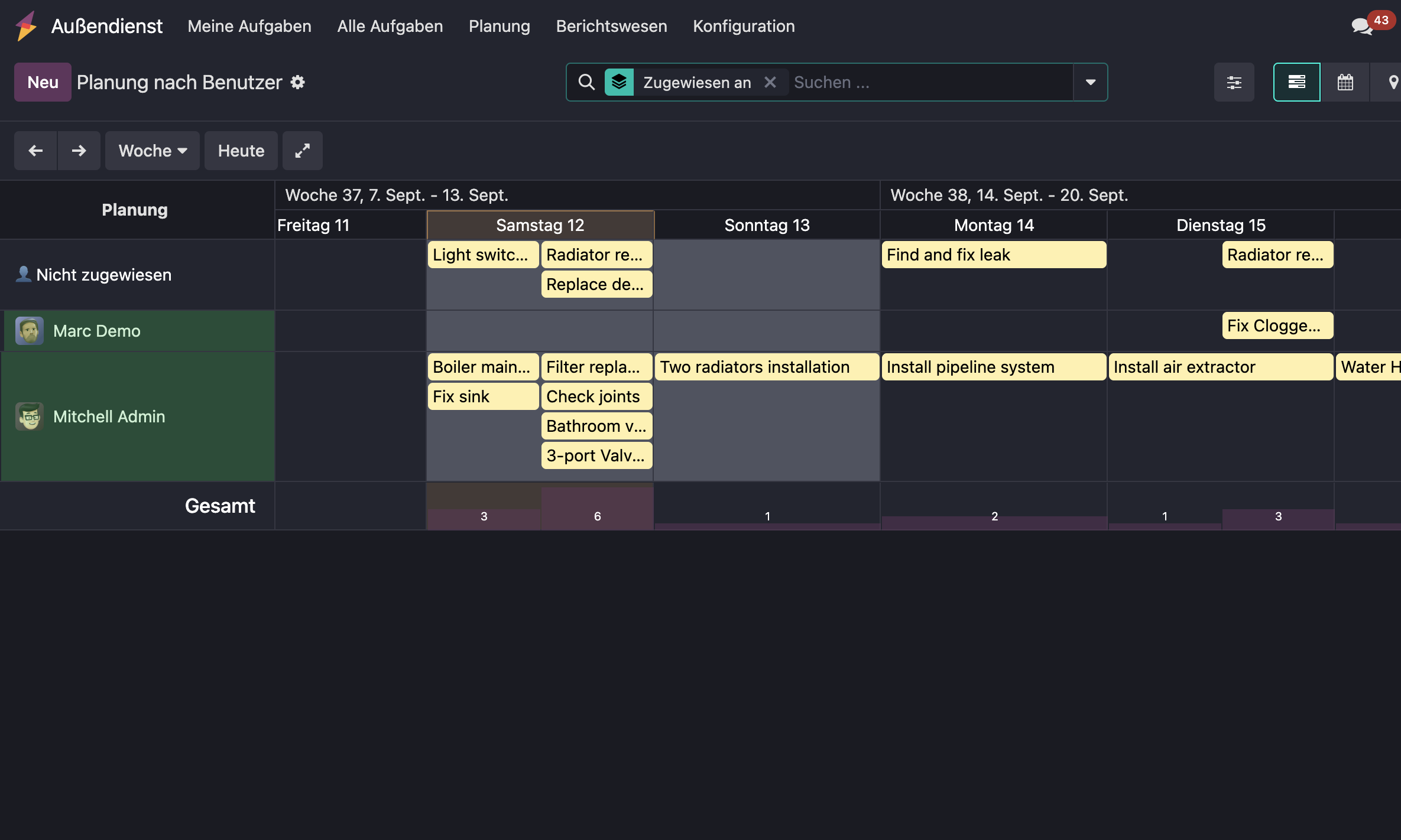 Odoo Field Service Plantafel (Gantt) mit Disposition von Einsätzen und Technikern