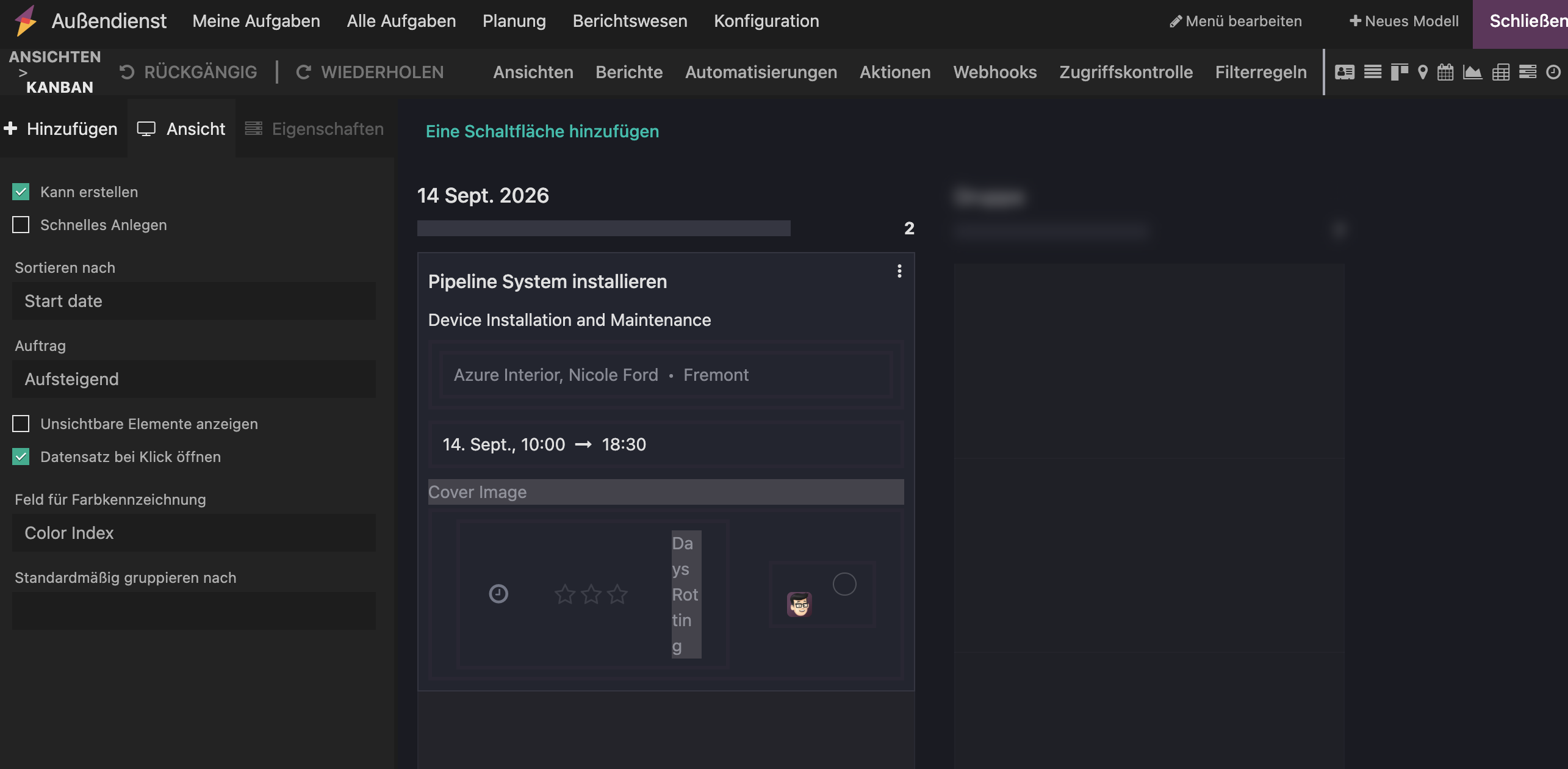 Odoo Studio mit Anpassungsmöglichkeiten für Field Service und Außendienst-Ansichten